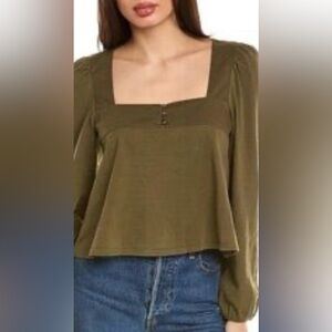 Earthy Grunge Green Nation LTD Crop Top Laidback Oversized Fit Sq Neck Poet Slvs